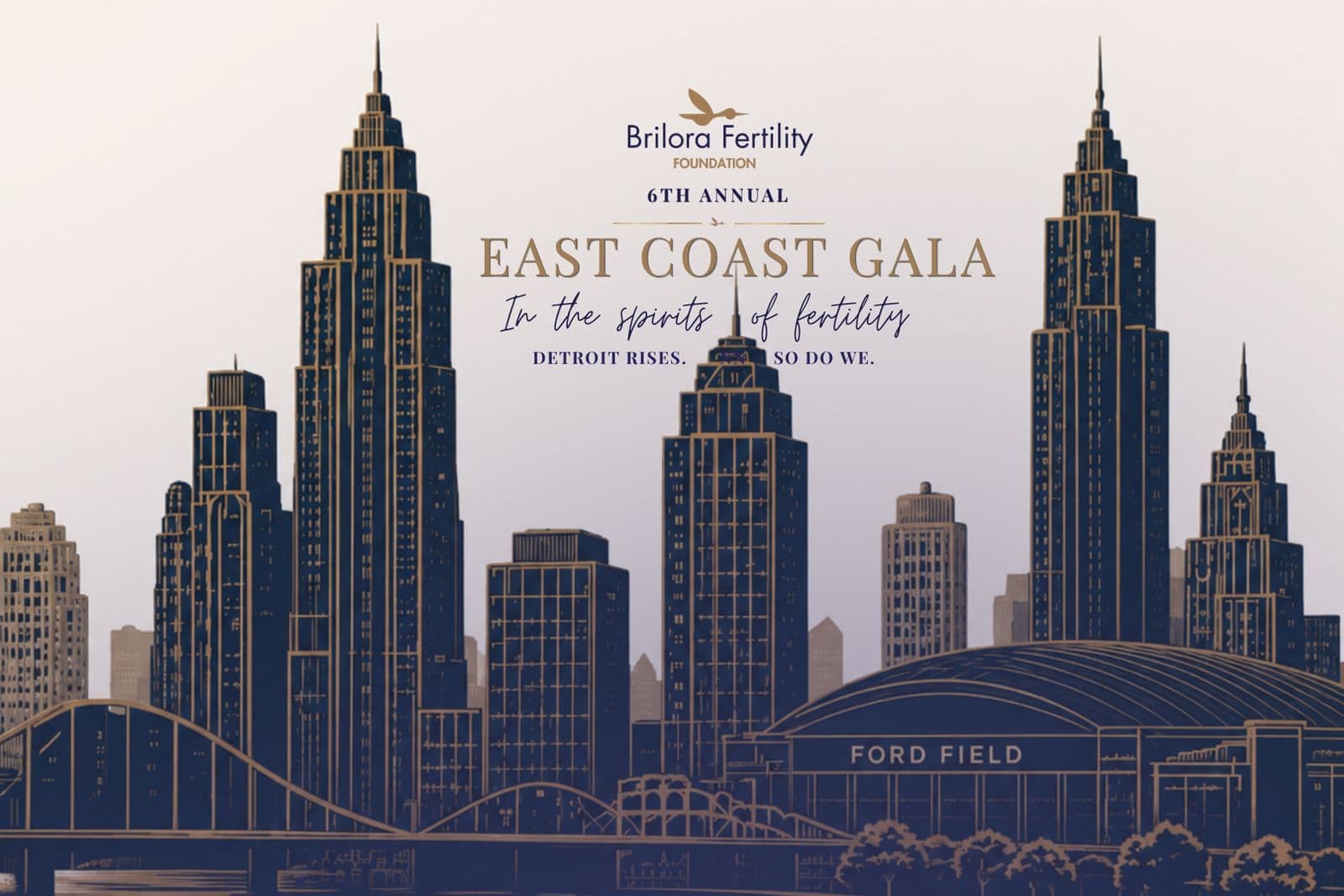 East Coast Gala artwork: the Detroit skyline and Ford Field in navy and gold